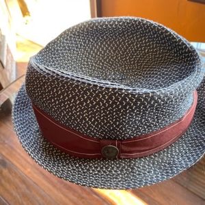 Goorin fedora-style blue straw packing hat